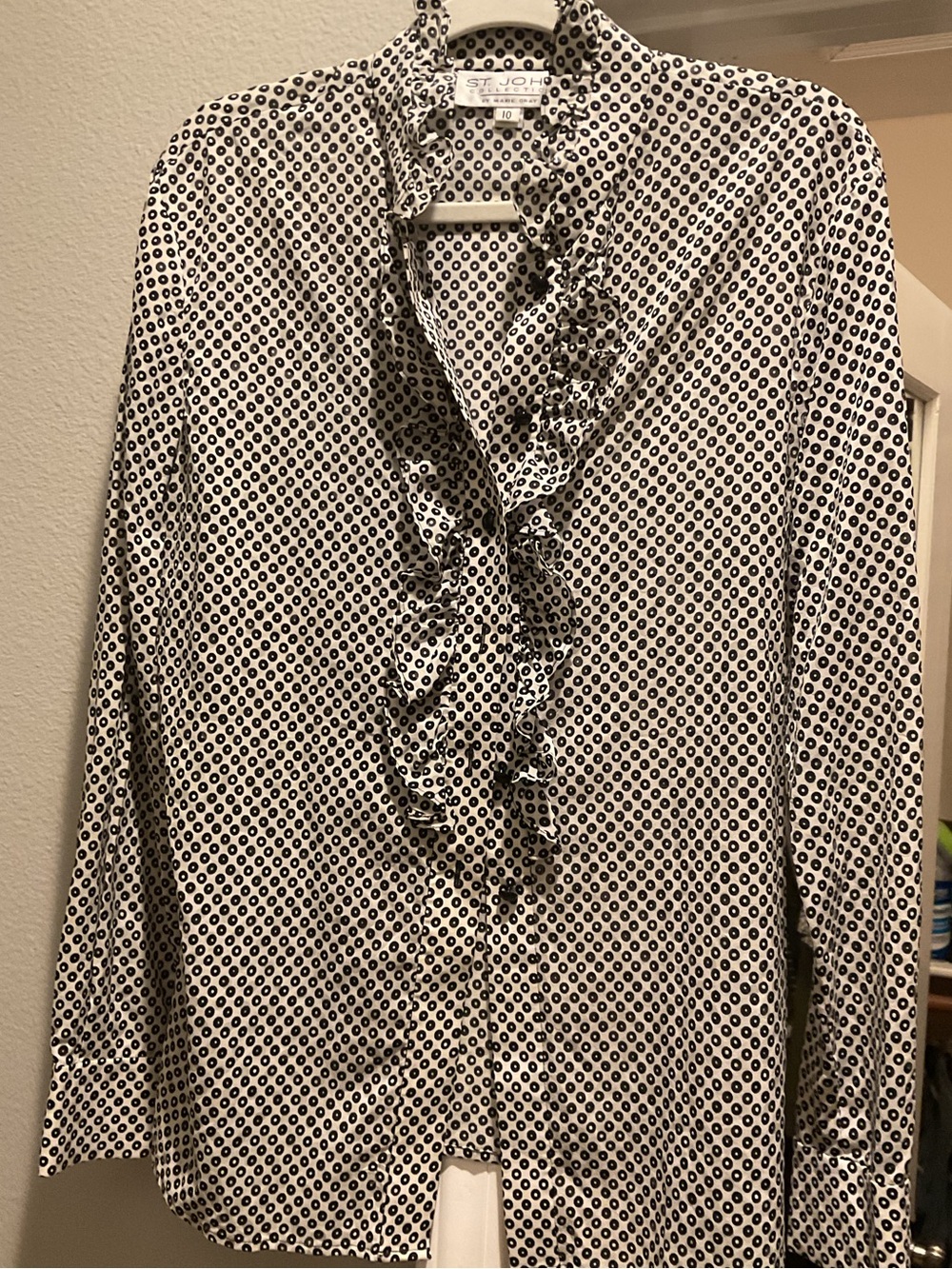 St. John Silk Black & White Sequin Ruffle Front Blouse